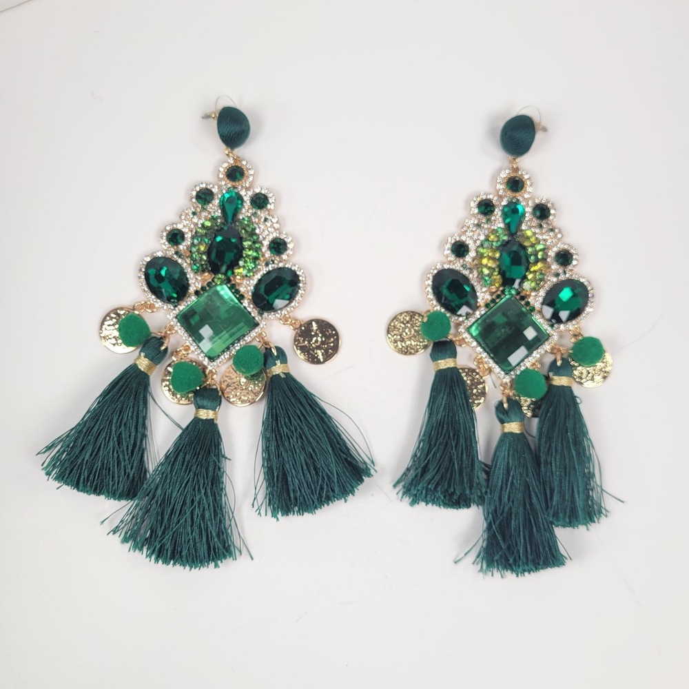 Huge Emerald Green Tassel Chandelier Earrings Rhinestone Dangle Boho Jewelry